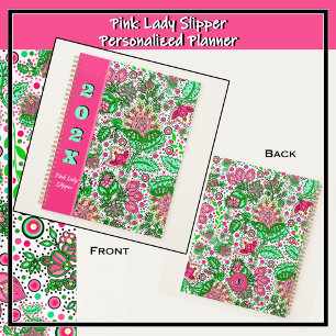 Pink Lady Slipper Flowers on White Personalised Planner