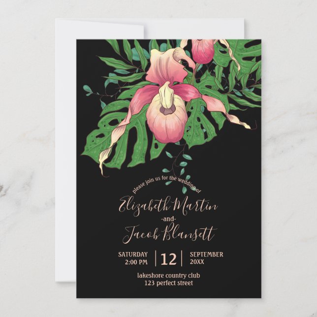 Pink Lady Slipper Orchid Black Wedding Invitation (Front)