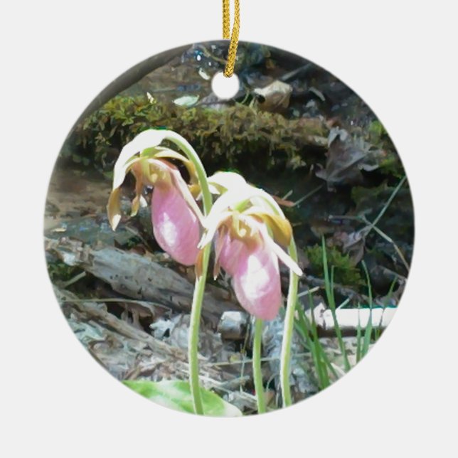 Pink Lady slipper orchid Ceramic Tree Decoration (Front)