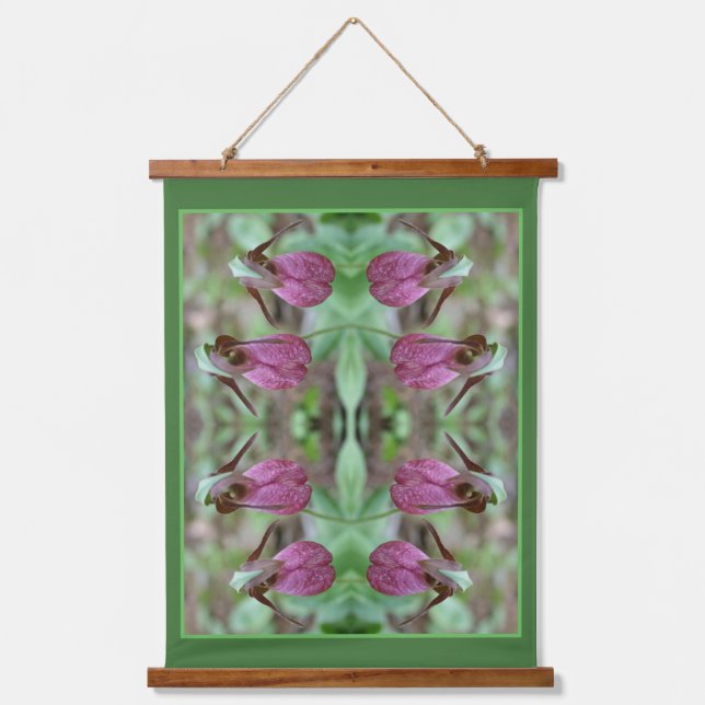 Pink Lady Slipper Orchid Flower Pair Abstract Hanging Tapestry (Front)