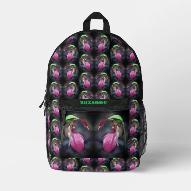 Pink Lady Slipper Orchid Flower Personalised Printed Backpack (Front)