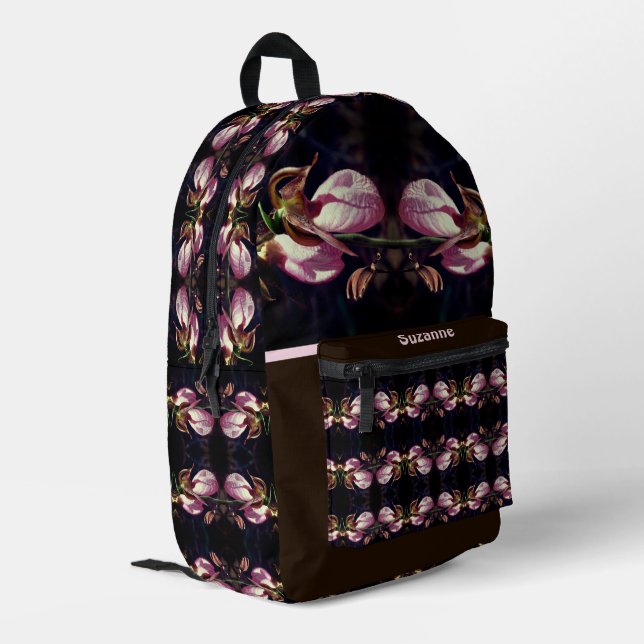 Pink Lady Slipper Orchid Flower Personalised Printed Backpack (Back Corner Left)
