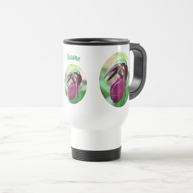Pink Lady Slipper Orchid Flower Personalised Travel Mug (Front Right)