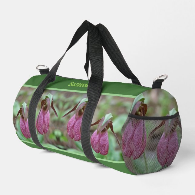 Pink Lady Slipper Orchid Flowers Personalised Duffle Bag (Right Corner)