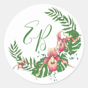 Pink Lady Slipper Orchid Initials Classic Round Sticker