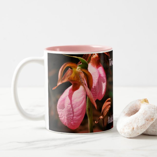 Pink Lady Slipper Orchid Pair  Personalised   Two-Tone Coffee Mug (With Donut)