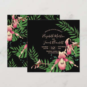 Pink Lady Slipper Orchid Wreath on Black Wedding Invitation