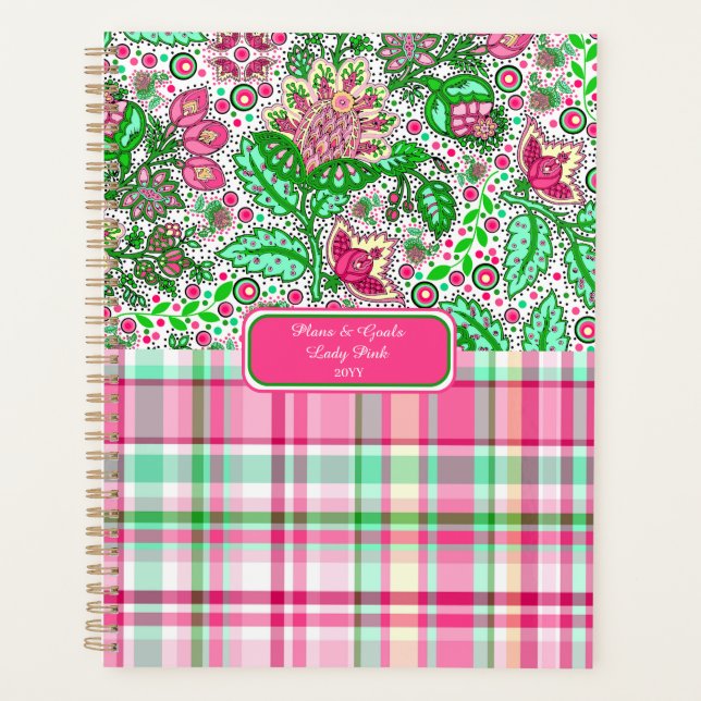 Pink Lady Slipper Plaid Folk Art Planner (Front)