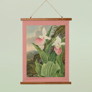 Pink Lady Slipper Vintage Floral Orchid Botanical Hanging Tapestry
