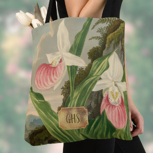 Pink Lady Slipper Vintage Floral Orchid Monogram Tote Bag