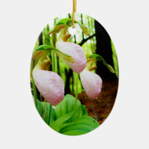 Pink Lady Slipper wild Orchid Ceramic Tree Decoration