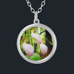 Pink Lady Slipper wild Orchid Silver Plated Necklace<br><div class="desc">Pink Lady Slipper wild Orchid Photo by Sandy Closs,  taken at Lake Arrowhead Ga. Light Pink slipper shape with darker pink veins. Found growing wild in the woods,  underneath some pine trees pink flower orchids floral florals wedding nature sympathy spring woodland rose</div>