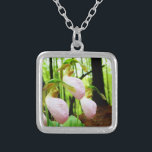 Pink Lady Slipper wild Orchid Silver Plated Necklace<br><div class="desc">Pink Lady Slipper wild Orchid Photo by Sandy Closs,  taken at Lake Arrowhead Ga. Light Pink slipper shape with darker pink veins. Found growing wild in the woods,  underneath some pine trees pink flower orchids floral florals wedding nature sympathy spring woodland rose</div>