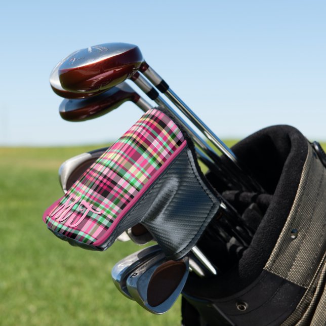 Pink Lady Slipper Wildflower Plaid Pink and Black Golf Head Cover (In Situ)