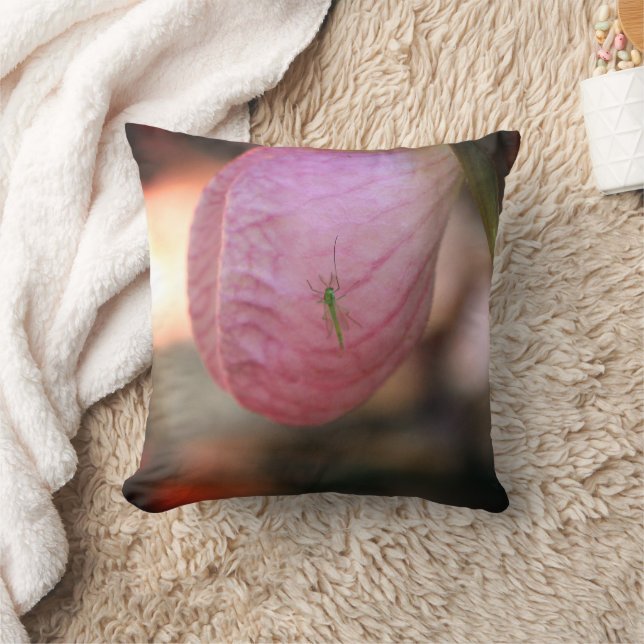 Pink Lady Slipper With Visiting Green Insect   Cushion (Blanket)