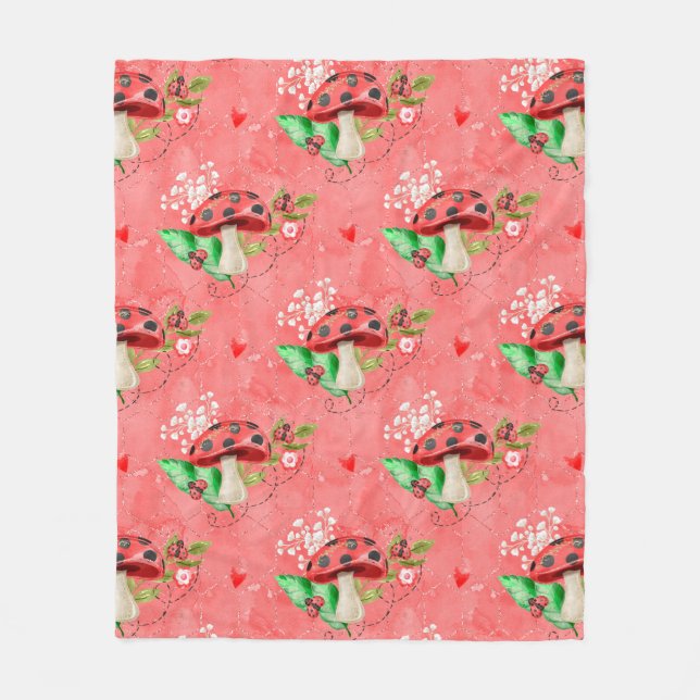 Pink Ladybug And Mushroom Pattern Fleece Blanket (Front)