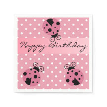 Pink Ladybug and Polka Dots Happy Birthday Napkins
