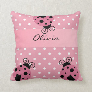 Pink Ladybug and Polka Dots Personalized Pillow