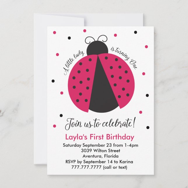Pink Ladybug Baby Girl's First Birthday Invitation (Front)