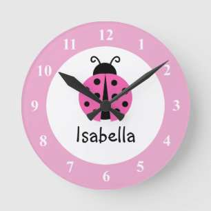 Pink ladybug baby name nursery room wall clock