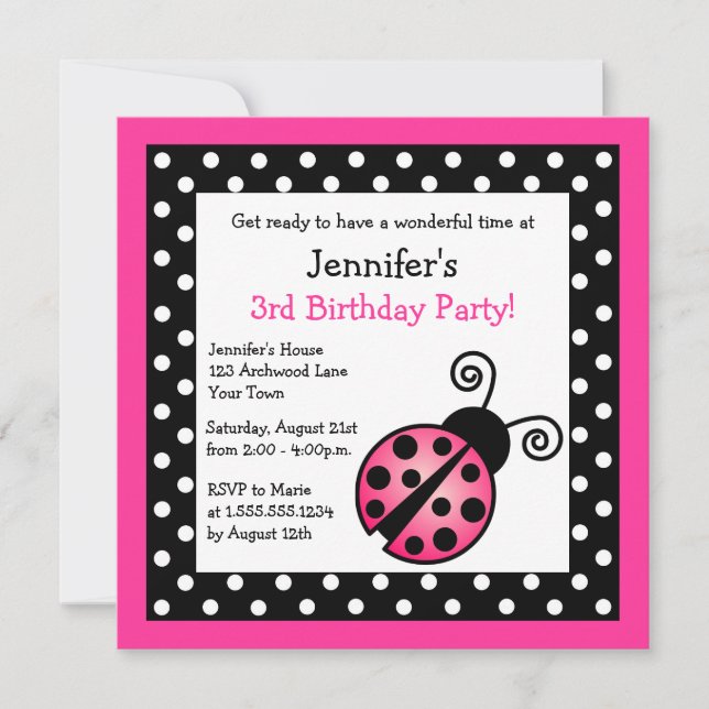 Pink Ladybug Birthday - Black and White Polka Dots Invitation (Front)