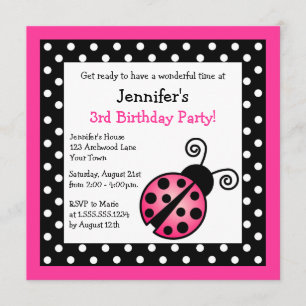 Pink Ladybug Birthday - Black and White Polka Dots Invitation