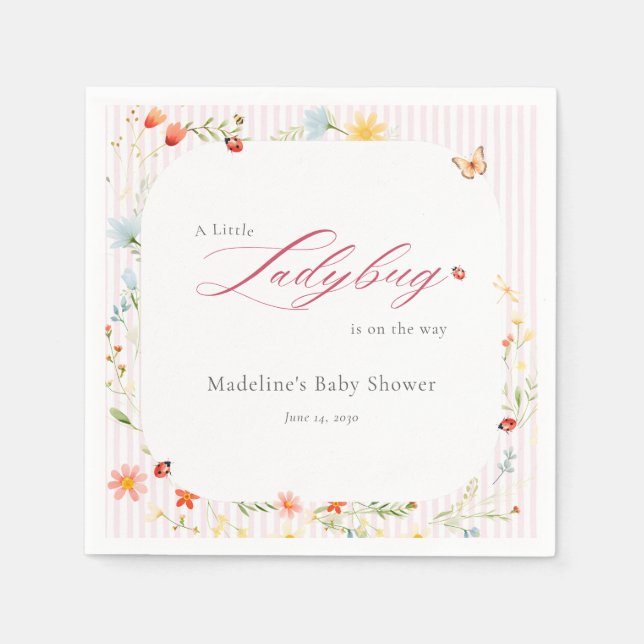 Pink Ladybug Garden Floral Baby Shower Napkin (Front)