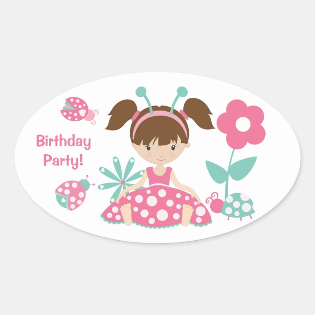 Pink Ladybug Girl Kids Birthday Party Oval Sticker (Front)