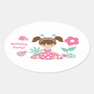 Pink Ladybug Girl Kids Birthday Party Oval Sticker