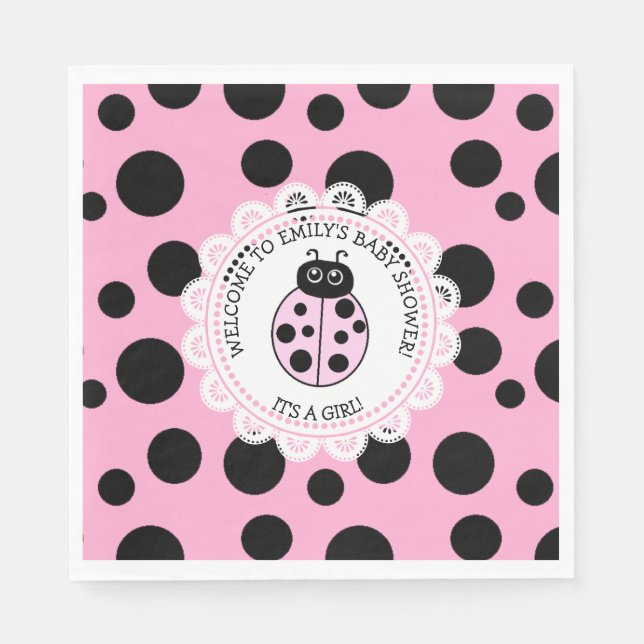 Pink Ladybug Girl's Baby Shower Napkin (Front)