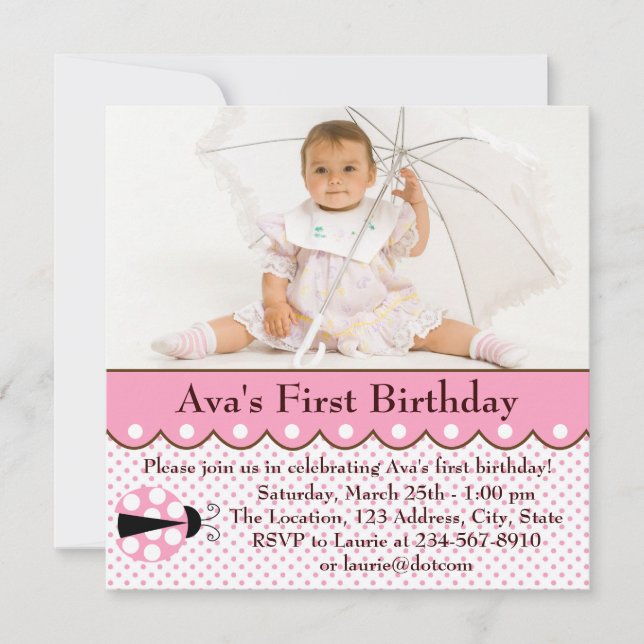 Pink Ladybug Girls Photo 1st Birthday Party Invitation (Front)