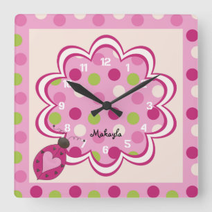 Pink Ladybug on Polka Dots Nursery Wall Clock