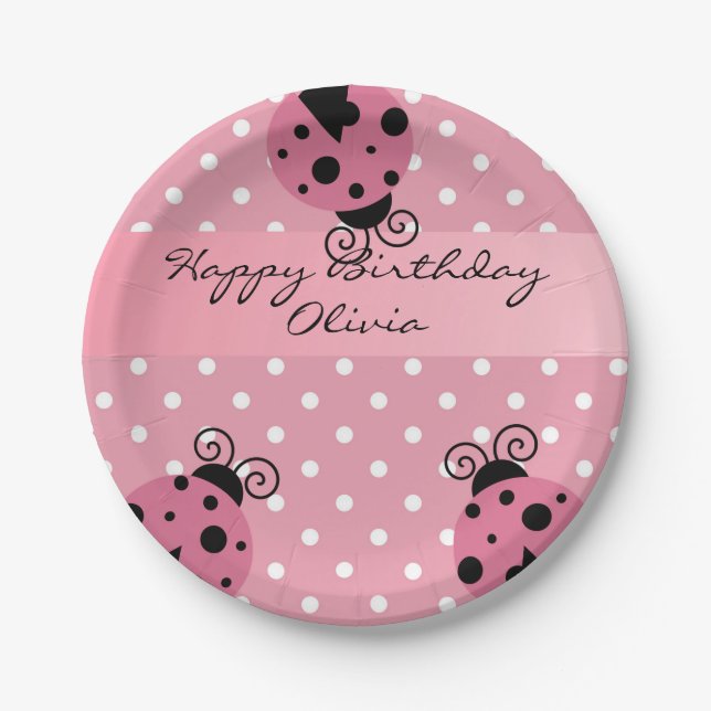 Pink Ladybug Personalised Birthday Paper Plates (Front)