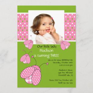 Pink ladybug Photo Birthday Invitation