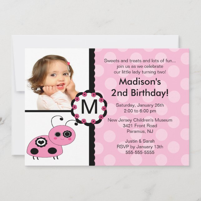 Pink Ladybug Photo Birthday Invitation (Front)