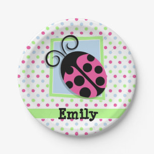 Pink Ladybug, Pink, Blue, Green, Polka Dots Paper Plate