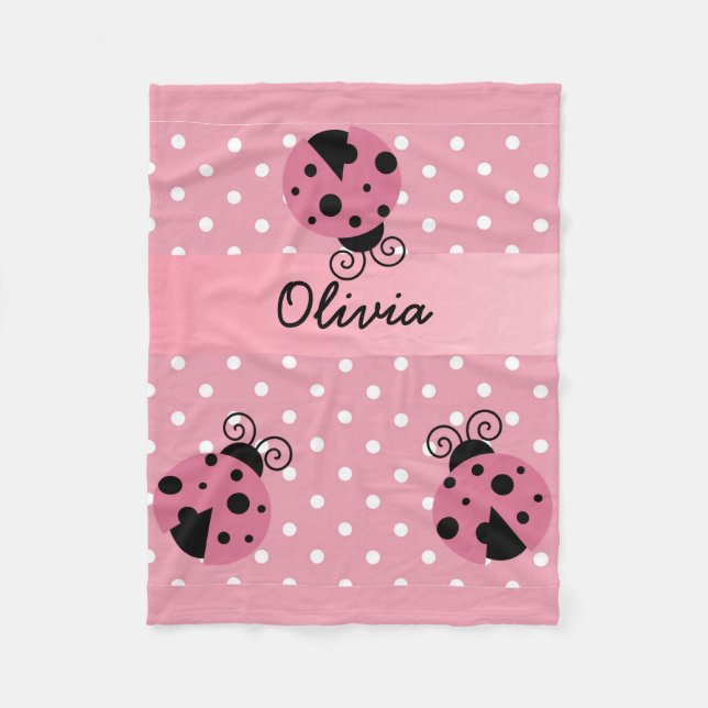 Pink Ladybug Polka Dot Personalised Fleece Blanket (Front)