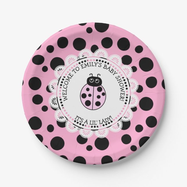 Pink Ladybug Themed Baby Shower Paper Plate (Front)