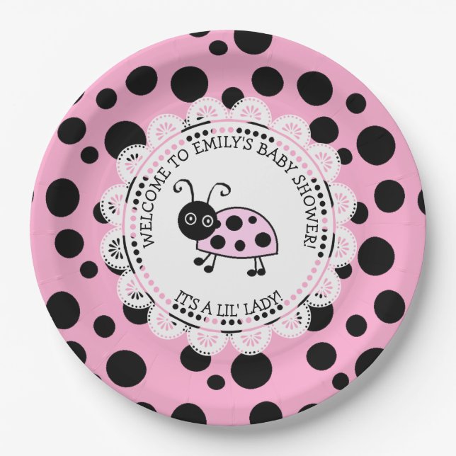 Pink Ladybug Themed Baby Shower Paper Plate (Front)