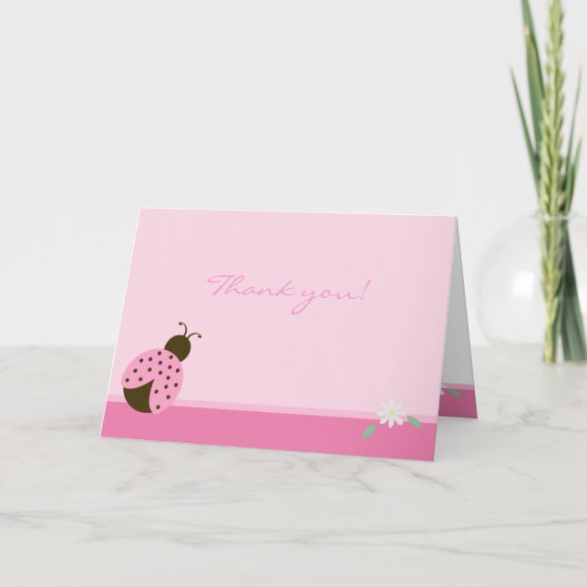 Pink Ladybug with daisy FOLDED thank you note (Front)