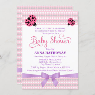 Pink Ladybug With Lavender and Silver Baby Shower Invitation
