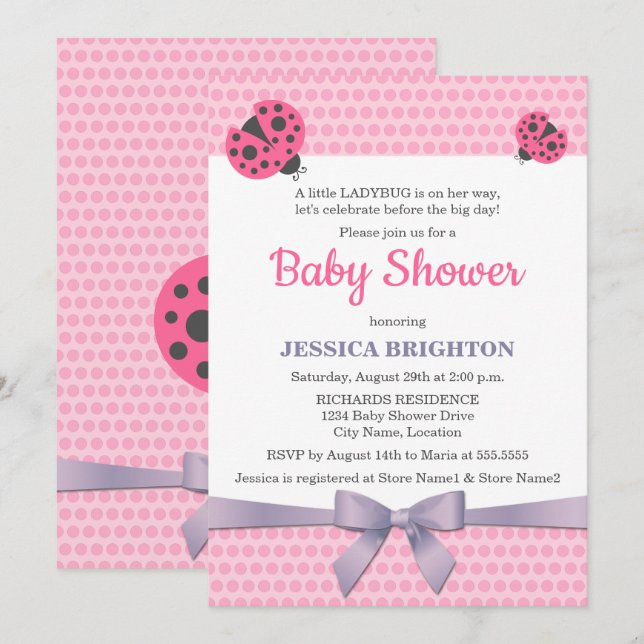 Pink Ladybug with Lavender Ribbon Baby Shower Invitation (Front/Back)