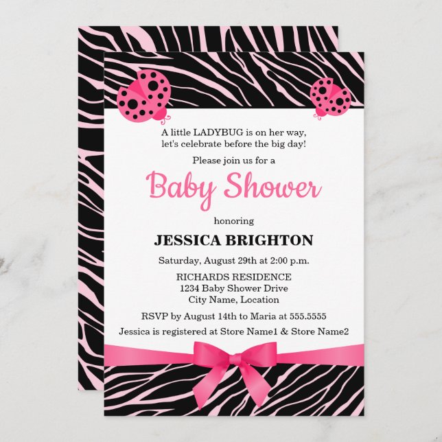 Pink Ladybug Zebra Stripes Baby Shower Invitation (Front/Back)