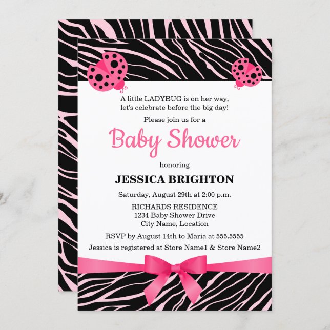 Pink Ladybug Zebra Stripes Baby Shower Invitation (Front/Back)