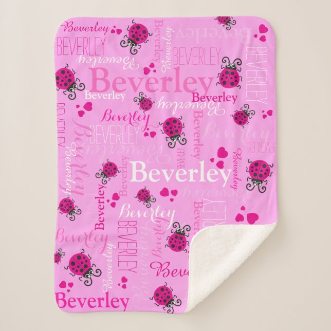 Pink ladybugs and hearts girls custom name sherpa blanket (Front)