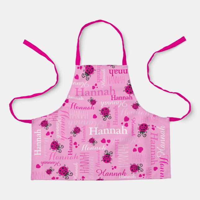 Pink ladybugs and hearts personalised name apron (Front)