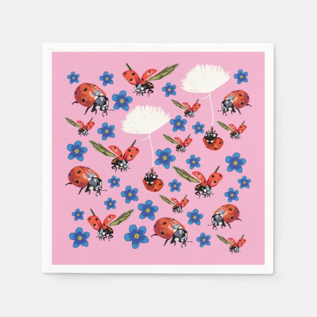 Pink Ladybugs Cute Spring Napkins (Front)
