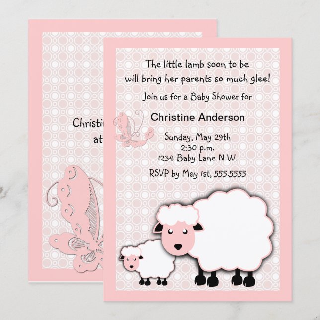 Pink Lamb Baby Girl Shower Invitation (Front/Back)