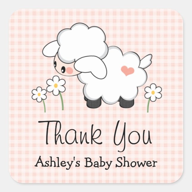 Pink Lamb Baby Shower Labels Stickers (Front)
