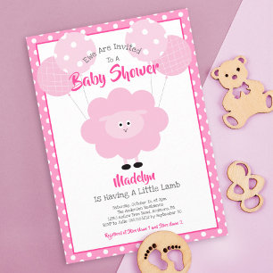 Pink Lamb Baby Shower Script Balloons Cute Modern Invitation
